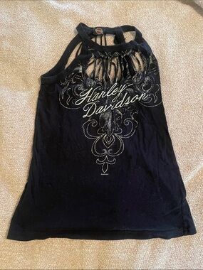 Harley-Davidson Black Tank Top with Silver Graphic and Cutout Neck